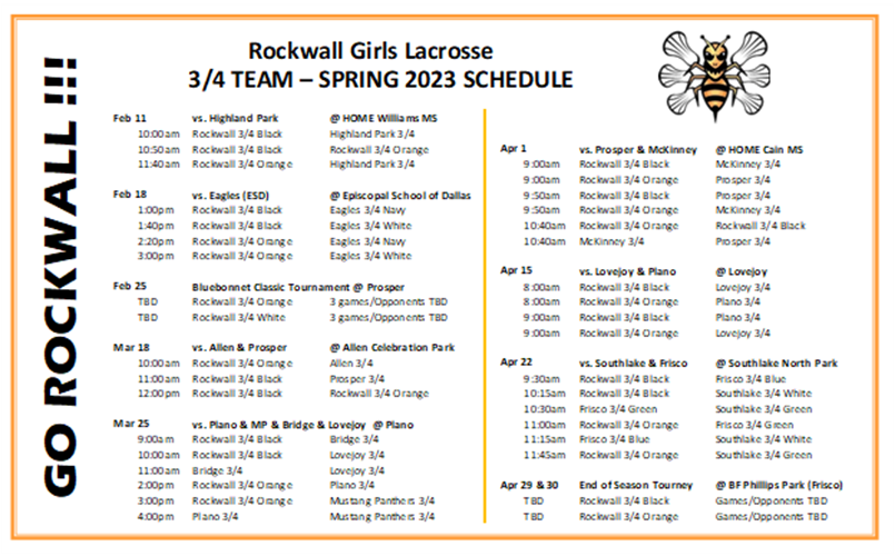 Youth - 3/4 Team - Spring 2023 Game Schedule 